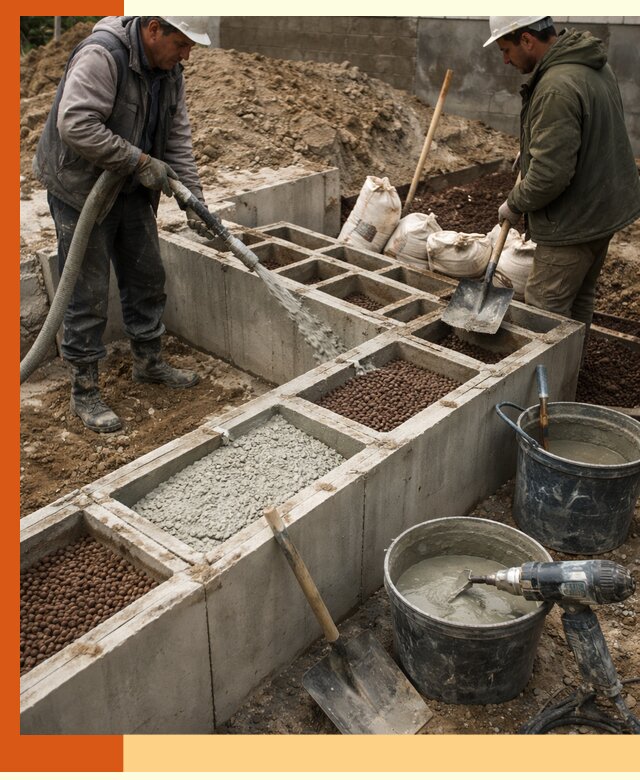 Заполнение полостей фундамента в ессентуках герметичным утеплением и повышением прочности